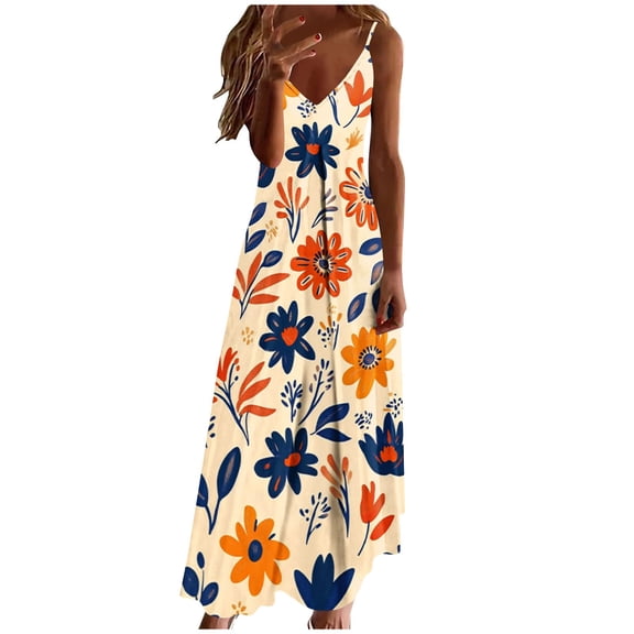 Kvture Maxi Long Dress for Women Flowy Spaghetti Strap Long Dresses Summer Trendy V Neck Sundress Beach Vacation Dress D Multicolor