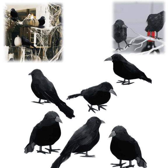 6 Pcs Halloween Crow Decor, Realistic Fake Ravens Decoration Prop Indoor Outdoor Yard Table Party