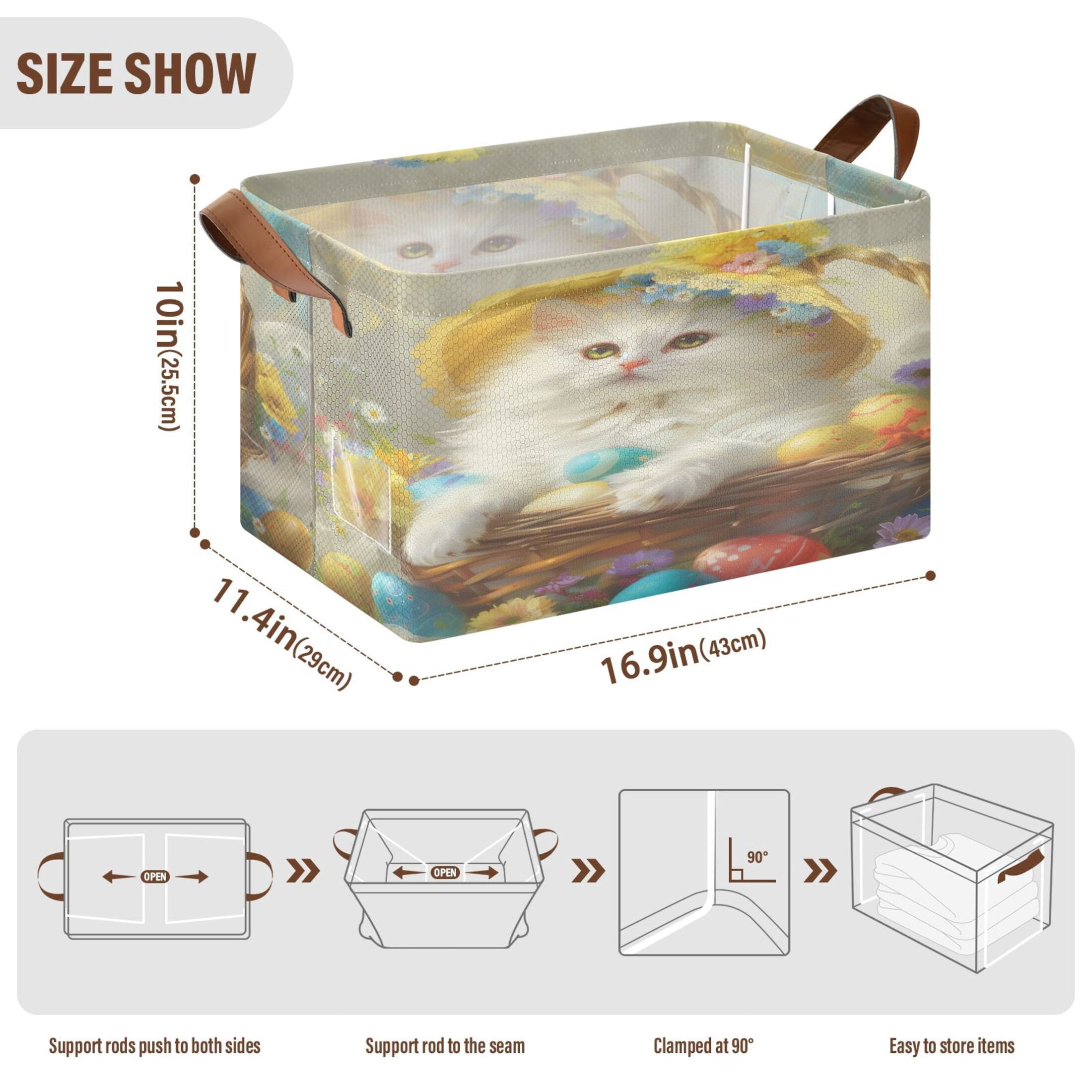 Collapsible Storage Bins Fabric Shelf Baskets with Handles Closet Organizer Easter Egg with Cat 16.9x11.4x10