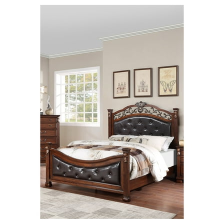 Formal Traditional Queen Bed, Cherry Faux Leather Tufted Headboard & Footboard, Box Spring Required