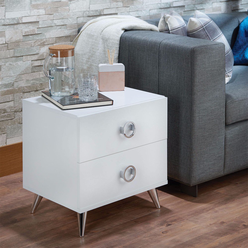 Benzara Modern Style Wood & Metal Nightstand By Elms, White & Chrome