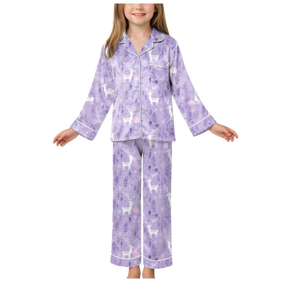 Gubotare Toddler Christmas Pajamas for Boys Toddler Girl Christmas Silk Pajamas Ruffle Button Down 2 Piece Pajama Set Kids Little Girls Pjs Nightgown Outfit 3T 4T (Purple,3-4 Years)