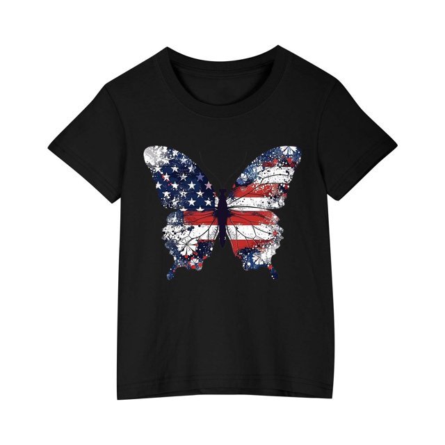 Vestido Corto de Verano Niños Niños Niñas Camiseta de Algodón Cuello Redondo Lindo Día de la Independencia Imprimir Top