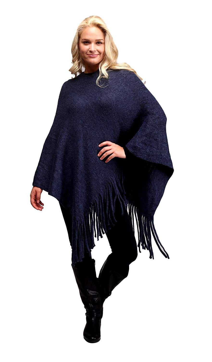 Solid Color Sweater Poncho Shrug with Fringe for Women Navy Blue ...