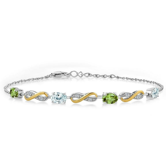 Gem Stone King 2.05 Ct Green Peridot Sky Blue Aquamarine 925 Silver and 10K Yellow Gold Lab Grown Diamond Infinity Bracelet for Women Mother's Mom Wife Her, Fully Adjustable up to 7.5 inch)