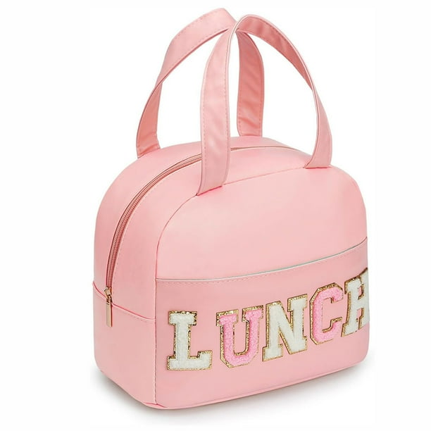 Bolsa de almuerzo para mujer, bolsa de almuerzo aislada, bolsa de almuerzo pequeña de cuero para oficina, bolsa de almuerzo para trabajo con letras de chenilla, bolsa térmica a prueba de fugas, bolsa