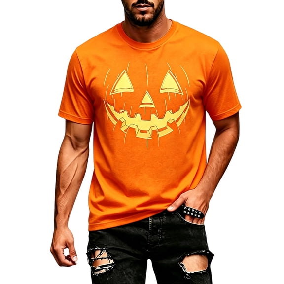 Mens Halloween Jack O'Lantern Pumpkin Face Print Crew Neck Short Sleeve T-Shirt, Soft Casual Holiday Graphic Tee for Halloween Party Daily Outdoor Wear(Orange,S)