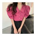 thumbnail image 2 of Blusa de gasa con manga corta abombada para mujer, cuello vuelto, botonadura única, cuello en V, jersey de Color puro, 2 of 8