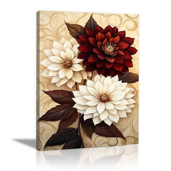 Red White Dahlias Flowers Swirl Background Canvas Wall Art Framed Vintage Botanical Print for Living Room Bedroom Dining Room Decor. - 36"L x 24"W
