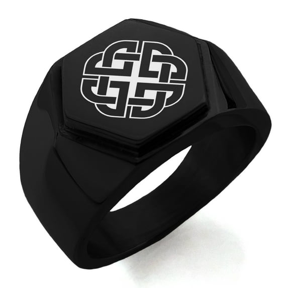 Stainless Steel Celtic Quaternary Knot Rune Engraved Hexagon Crest Flat Top Biker Style Polished Ring