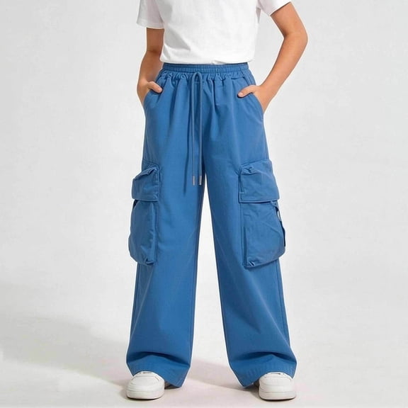 ITSAME Girls Cargo Pants 5-16Y Multi-Pocket Elastic Waist Wide Leg Kids Full Length Casual Pants Blue Size 7-8