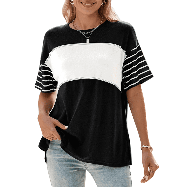 Blusas de Verano para Mujer, de Gran Tamaño, con Cuello Redondo, Informales, con Bloques de Color y Rayas, Color Negro, Talla S