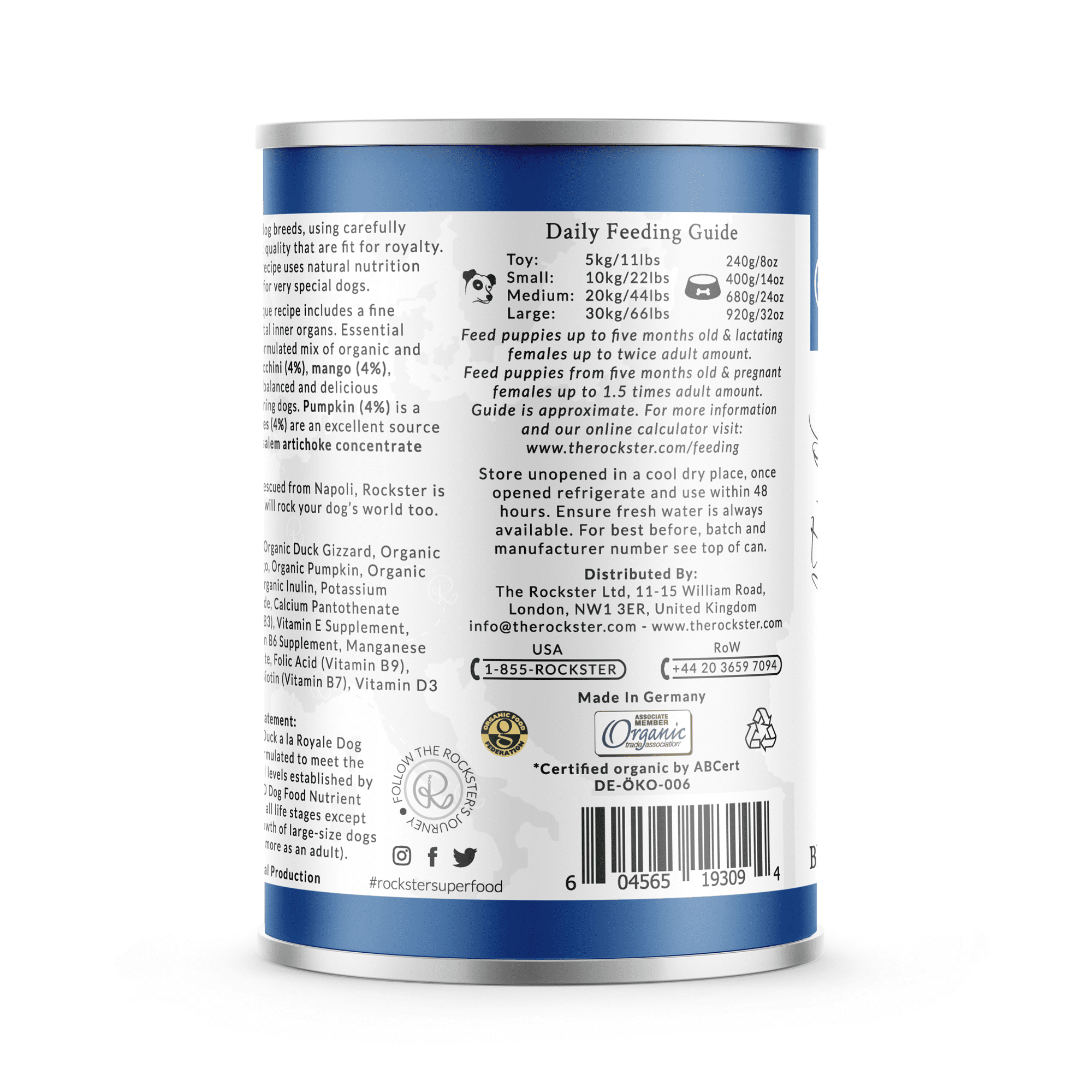 Organic Duck Wet Dog Food, 12-Pack – Single Protein Recipe, Complete & Balanced, Rockster Duck a la Royale BPA-Free (12 oz Cans)