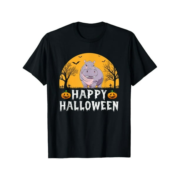 Men Women Kids Hippo Happy Halloween T-Shirt - Cute Hippo & Happy Halloween Print with Bats & Jack-O'-Lanterns, Loose Fit Black Cotton Costume Party Shirt for s,, Kids (Casual & Costume W