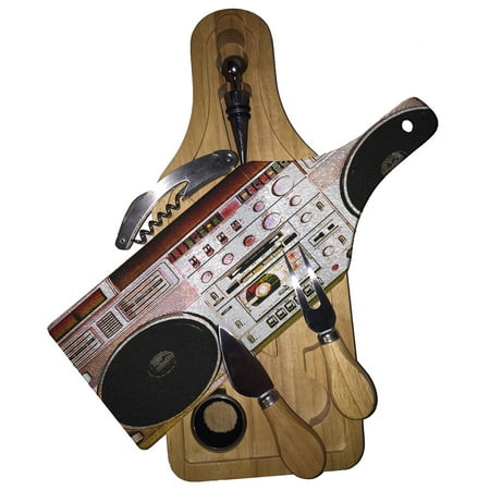 

KuzmarK Wine & Cheese Glass Cutting Board Wood Box Gift Set - Boombox Ghettoblaster Radio