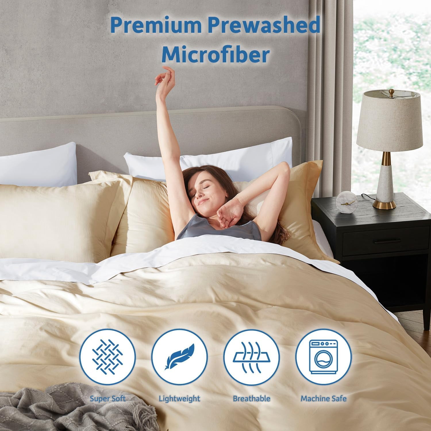 Virtu 3-Piece Duvet Cover Set, Soft Prewashed Bedding Set California King with Pillow Shams, Beige Cream