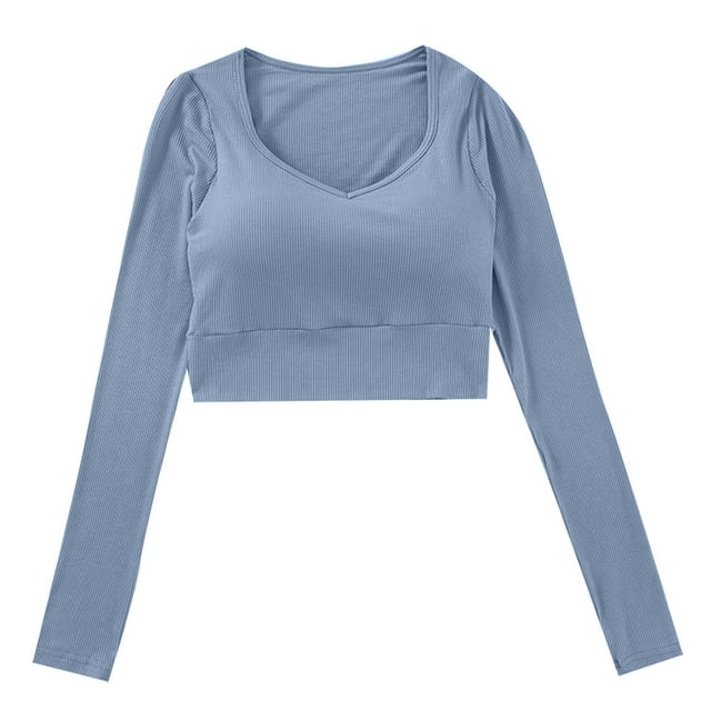 Timegard Womens Tops with Built in Bra V-Neck Long Sleeve Wireless Crop Tops Soft Tops Undershirts