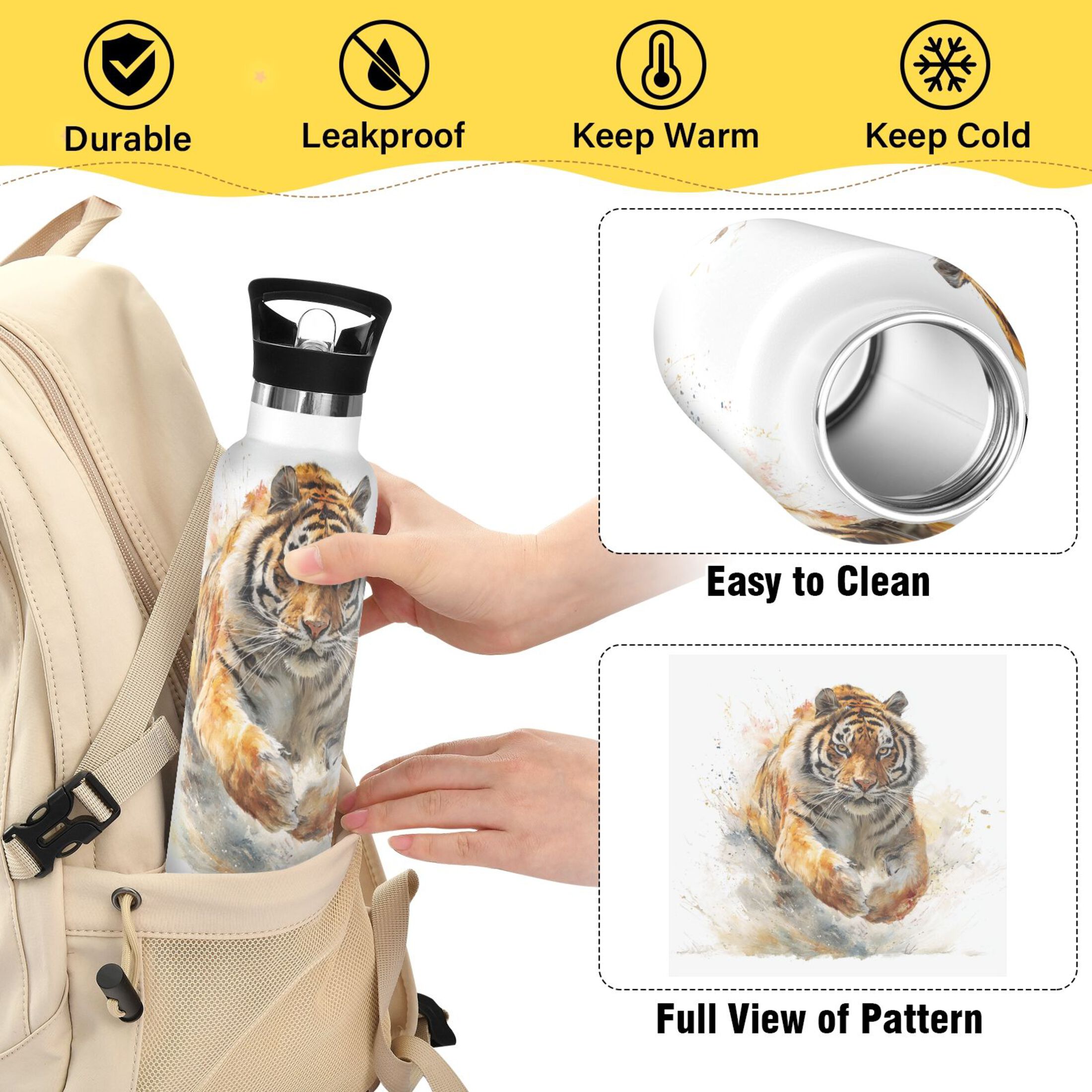 Kids Insulated Stainless Steel Sports Water Bottle 600ml (20oz) Tiger in Action