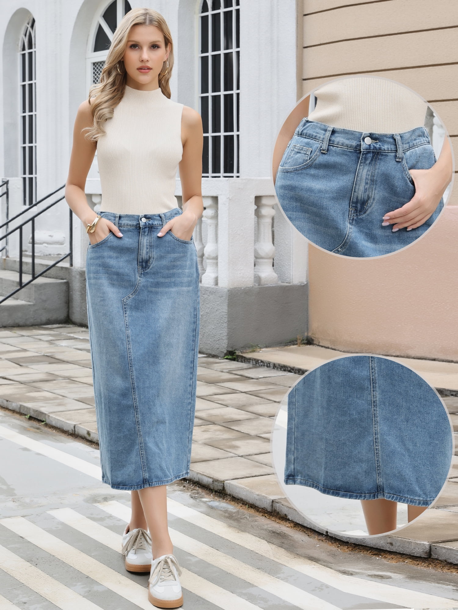 DARING DIVA Women's Casual Midi Length Split Back High Waist Long Jean Skirts XS Sky Blue