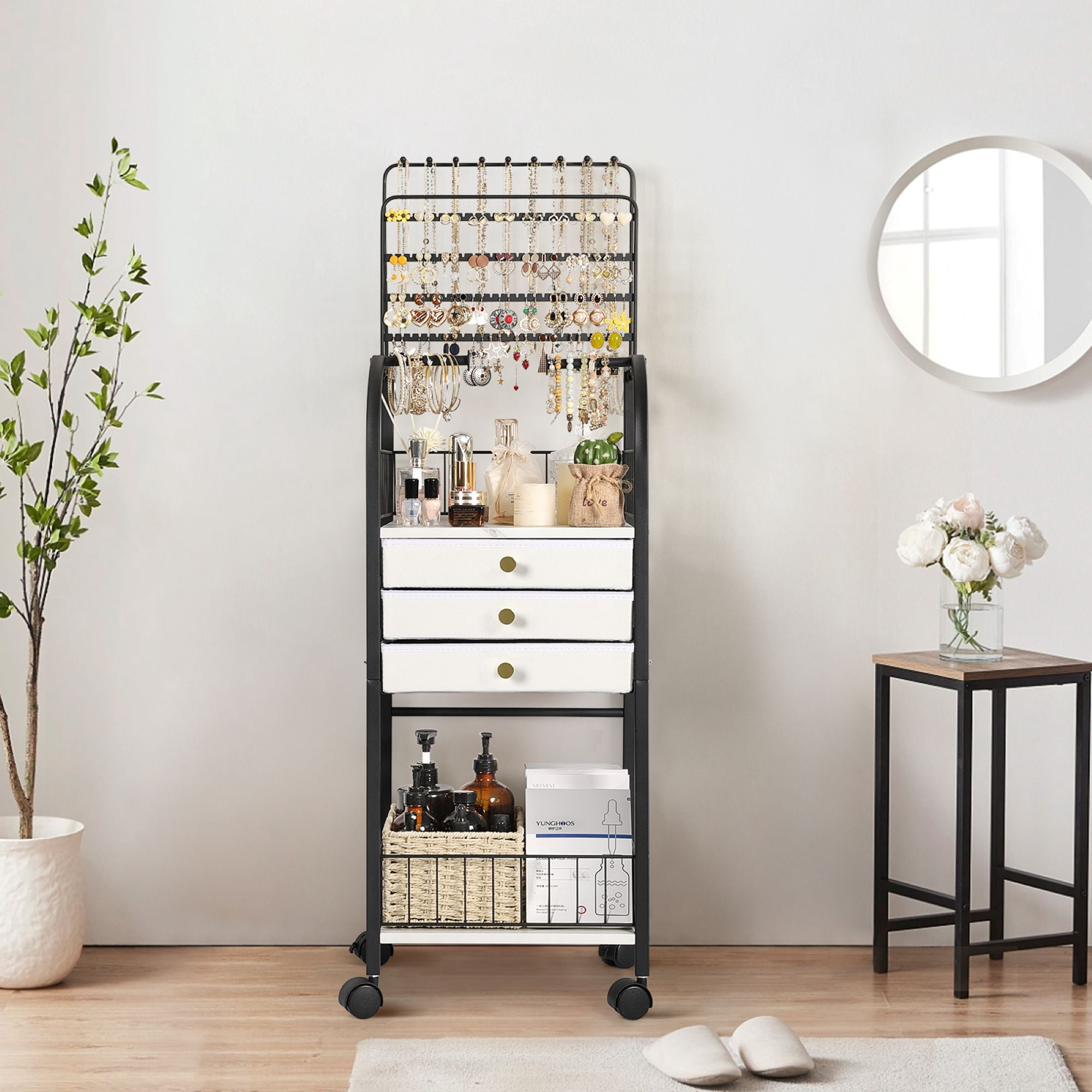 Olakee Large Jewelry Organizer Stand with 3 Drawers — for Necklace, Earring, Ring, Bracelet, Girls & Women, Modern, Black
