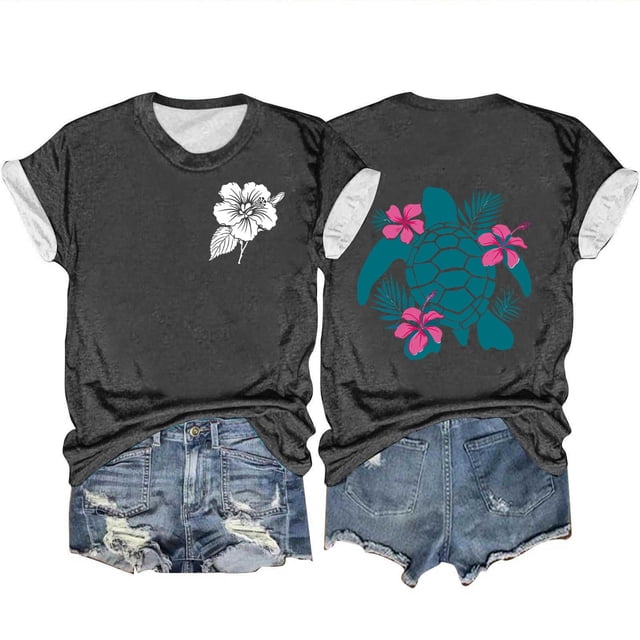 Mujeres Océano Impresión Casual Top, Manga Corta Cuello Redondo Blusa para la Primavera Y el Verano de Uso, Camiseta de Moda, Toda la Temporada de la Fiesta