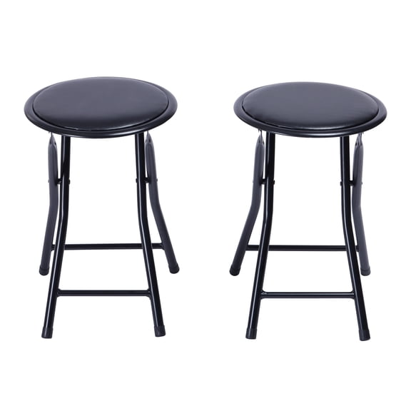 Set of 2 Portable Folding Stools, 18-Inch Collapsible Round Bar Stools with Padded PU Leather Seat, Lightweight Metal Frame Seating for Kitchen, Apartment, Party, Office, and Extra Seating - Black