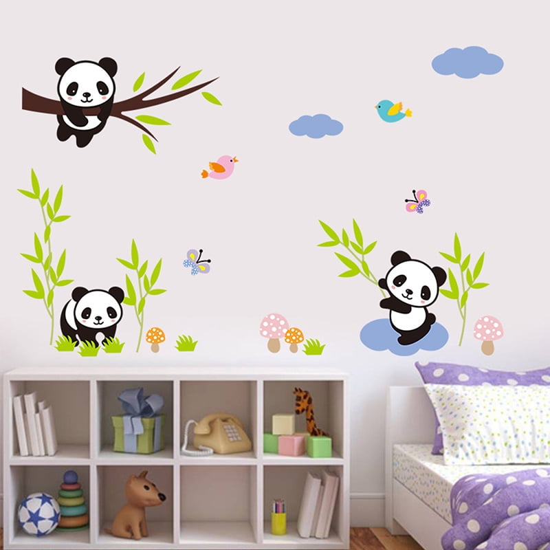 cute zoo animal panda tree birds kids room decor baby room decals wall