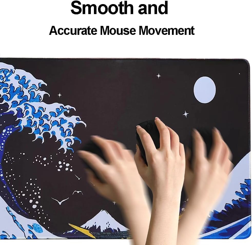 Japanese Sea Waves Large Gaming Mouse Pad, Big Desk Computer Keyboard Mousepad Stitched Edges Mouse Mat XXL 35.4 x 15.7 inches for Women Office Gaming Home (LAN 90x40)