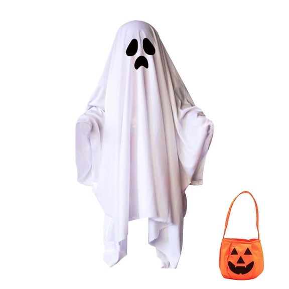 Halloween Ghost Cloak Costume, White Sheet Ghost Robe with Pumpkin Candy Bag for Trick or Treat, Spooky Dress Up Accessory