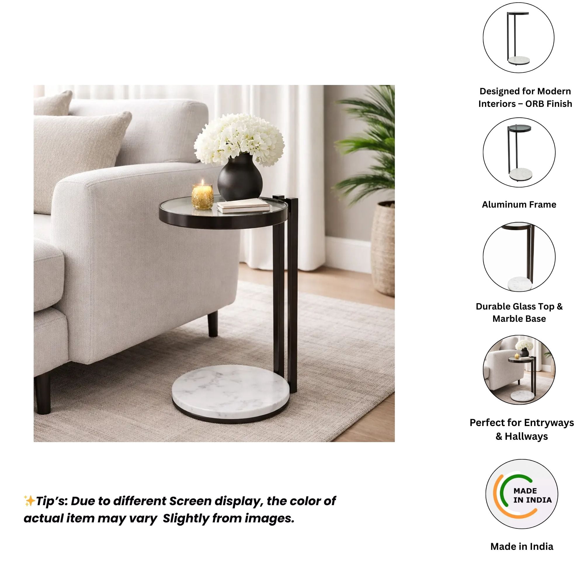 Modern Accent Side Table, Clear Glass Top with Black Metal Frame & White Marble Base, Compact 10×10×23.25 Inch Drink End Table for Living Room Bedroom