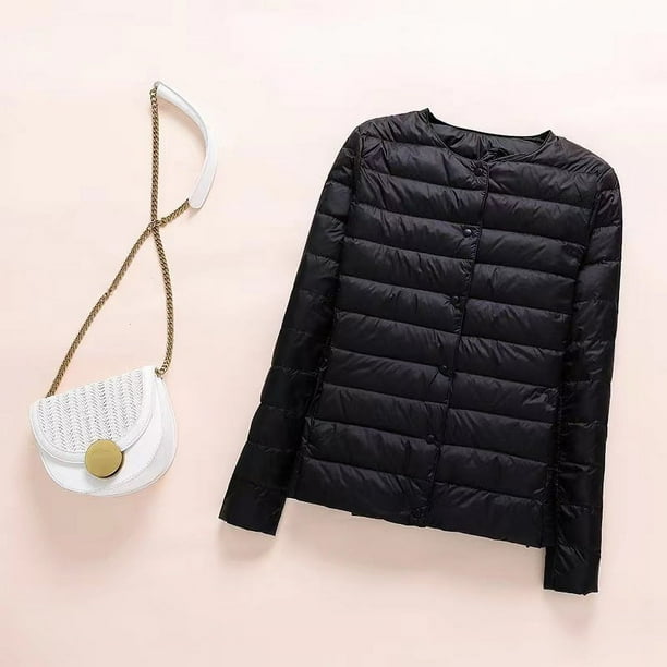 Chaqueta de plumón sin cuello para mujer, chaqueta de plumón corta, ligera y cómoda con cuello redondo, otoño e invierno