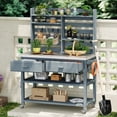 thumbnail image 1 of Grey Blue Outdoor Potting Bench Table with Hutch - 64.9" Kitchen Island, 1 of 4