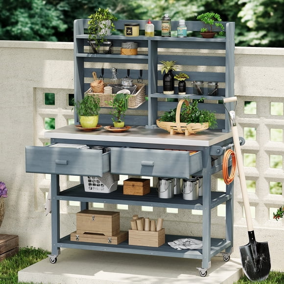 64.9"H Outdoor Potting Bench Table with Lockable Wheels, Solid Wood Outdoor Kitchen Island with Upper Hutch, Stainless Steel Top, Towel Rack ,Outdoor Storage for Grilling,Grey-Blue