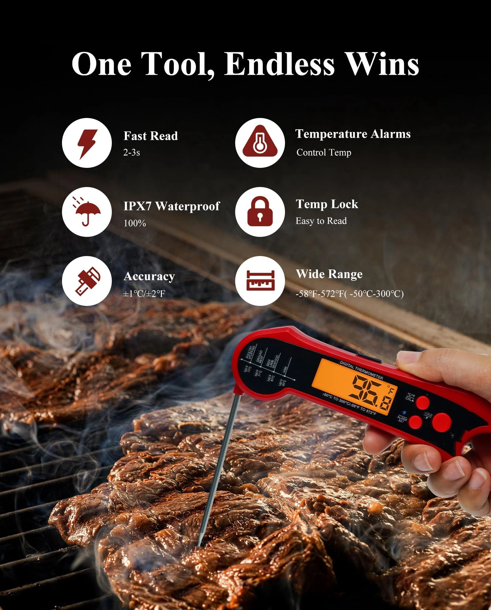 2-in-1 Meat Thermometer, Digital Instant Read Food Kitchen Thermometer with Dual Probes | Waterproof | Alarm Set | Calibration | Backlit | Hold Function for Cooking (Red)（17.5*5*1.8cm ）