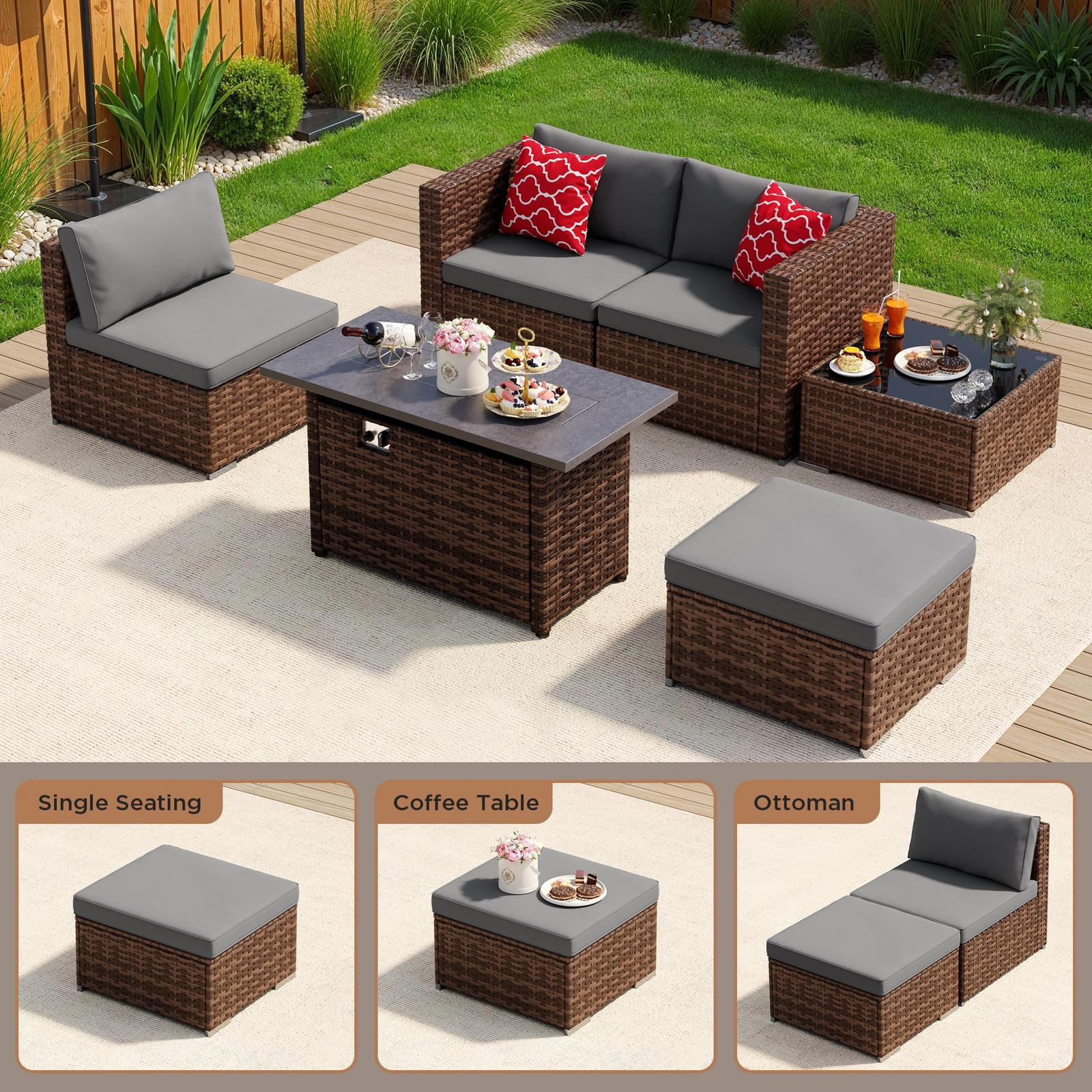Noelse 6 Piece Outdoor Patio Furniture Set with 45" Propane 2 in 1 Fire Pit Table, Modular Rattan Sectional Sofa, Coffee Table, Outdoor Conversation Set for yard, Patio, Gray