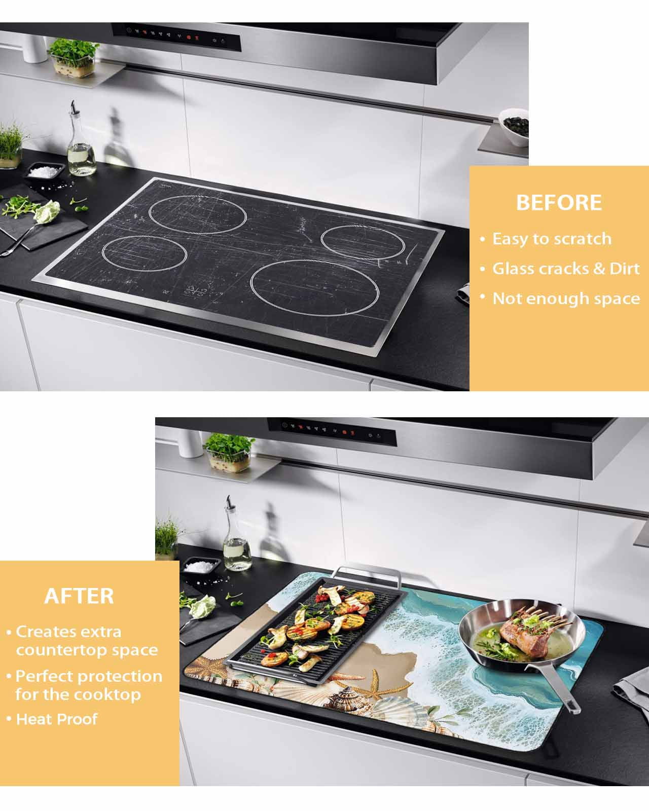 nqOlkjepod Large Induction Cooktop Protector Mat 24"x21", Coastal Beach Ocean Stove Top Covers for Electric Stove, Nautical Starfish Shells Conch Stove Burner Cover Mats, Glass Top Stove Cover