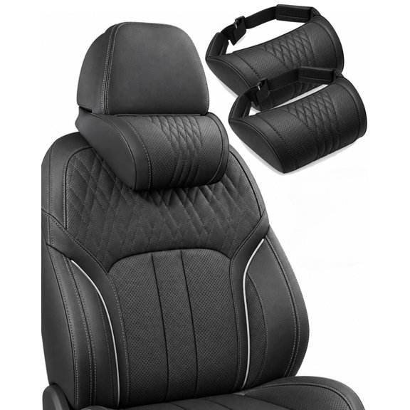 Universal Memory Foam Car Headrest Neck Pillow, Adjustable Strap, Universal Auto Travel Rest, Soft PU Leather Comfort Pad for Suv, Truck, Office Chair