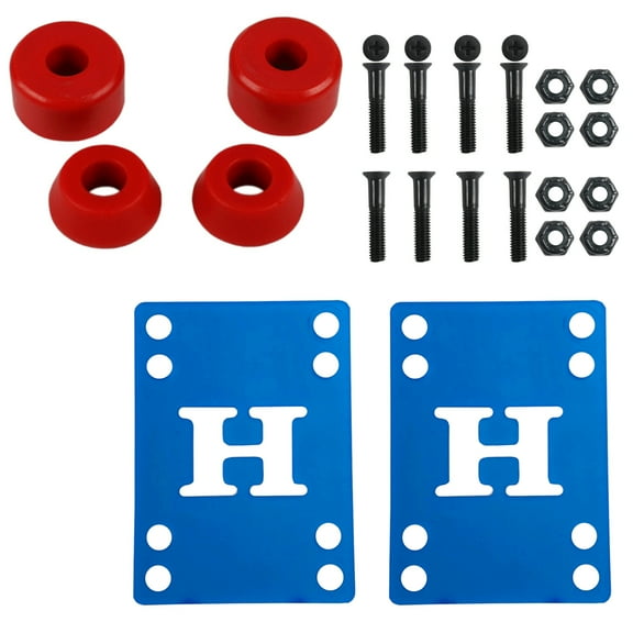 Skateboard Bushings Med 96 with Blue Riser Pads and 1" Phillips Hardware