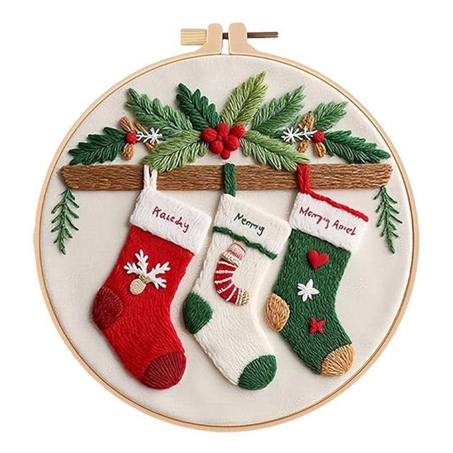 Beginner Embroidery Kit for Christmas DIY Projects with Printed Cloth, 3 Needles, English Instructions, and 20 cm Hoop