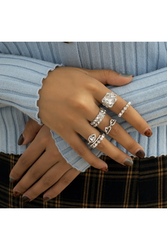 Geometric Water Drop Ring Set Six Piece Alloy Dainty Stackable Fashion Jewelry For Everyday Wear Everyday Luxe