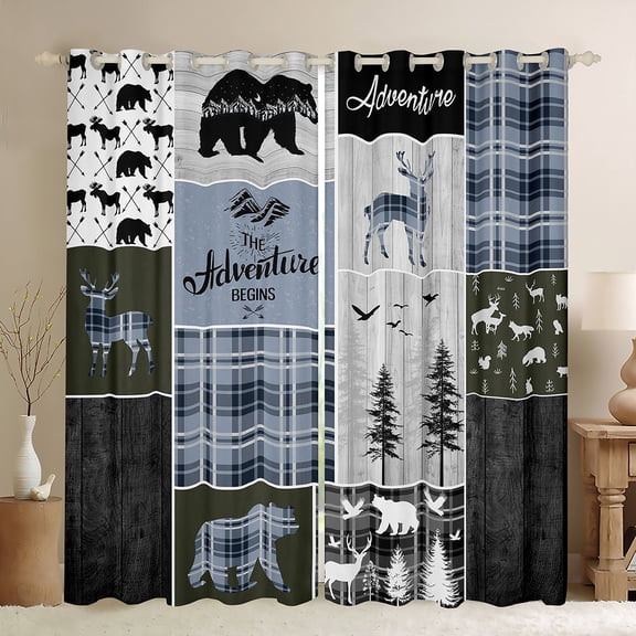 Rustic Cabin Curtains Bedroom, Bear Deer 30%-50% Blackout Curtains Teens Adult, Hunting Wild Animal Curtains & Drapes 38"Wx45"L, Rustic Farmhouse Window Treatments, Blue Gray Black