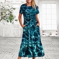 thumbnail image 2 of Penkiiy Women's Summer Casual Short Sleeve Crewneck Marble Print Dress Casual Flowy Tiered Maxi Beach Dress With Pockets M Dark Blue, 2 of 7