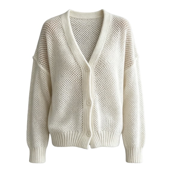 LEKODE Casual V Neck Button Down Cotton Knit Cardigan Women Long Sleeve Loose Fit Spring Summer Outerwear White 2XL