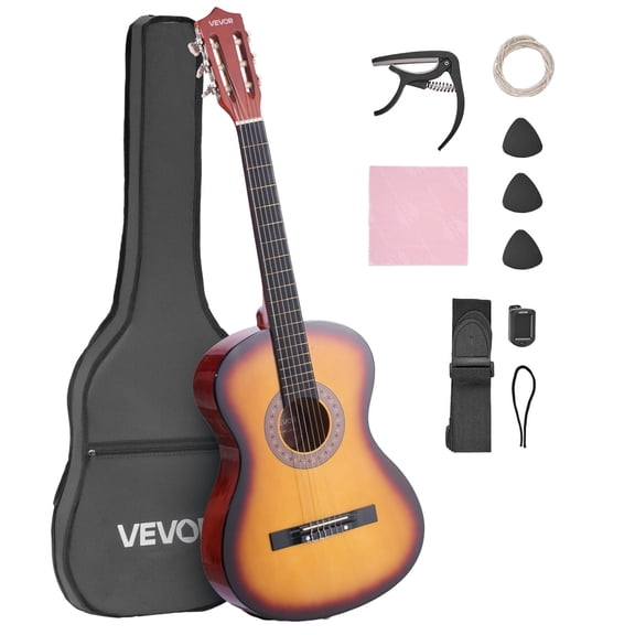 VEVOR 38in Classical Guitar,Wood Guitar Starter Kit for Beginners, with Nylon Strings, Gig Bag, Strap, Tuner, Extra String, Pick, Capo, Basswood,for Teenagers Adults Students, Sunburst