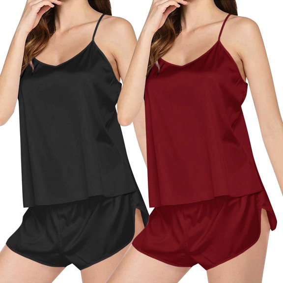 SAZBJOJN 2 Pack Satin Pajamas for Women Set Solid Color Comfortable PJ Sets for Women V Neck Womens Tops & Shorts Silky Pajamas Lightweight Pajamas Bronze Size XL