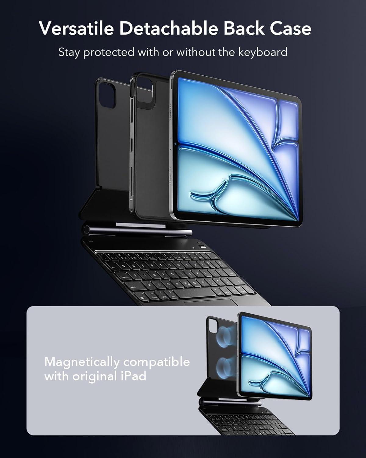 ESR Magnetic Keyboard Case for iPad Air 11" (M3/M2, 2024/2025) & iPad Pro 11/Air 5th/4th Gen, Easy‑Set Stand with Portrait & Raised Modes, Removable Protective Cover, Black
