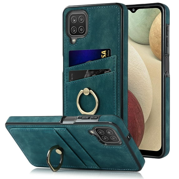 Feishell Fit for Samsung Galaxy A12 5G Case with 360° Rotatable Ring Holder,Shockproof Drop Resistant Premium Plain PU Leather Soft TPU Card Slots Kickstand Back Protective Phone Case,Blue