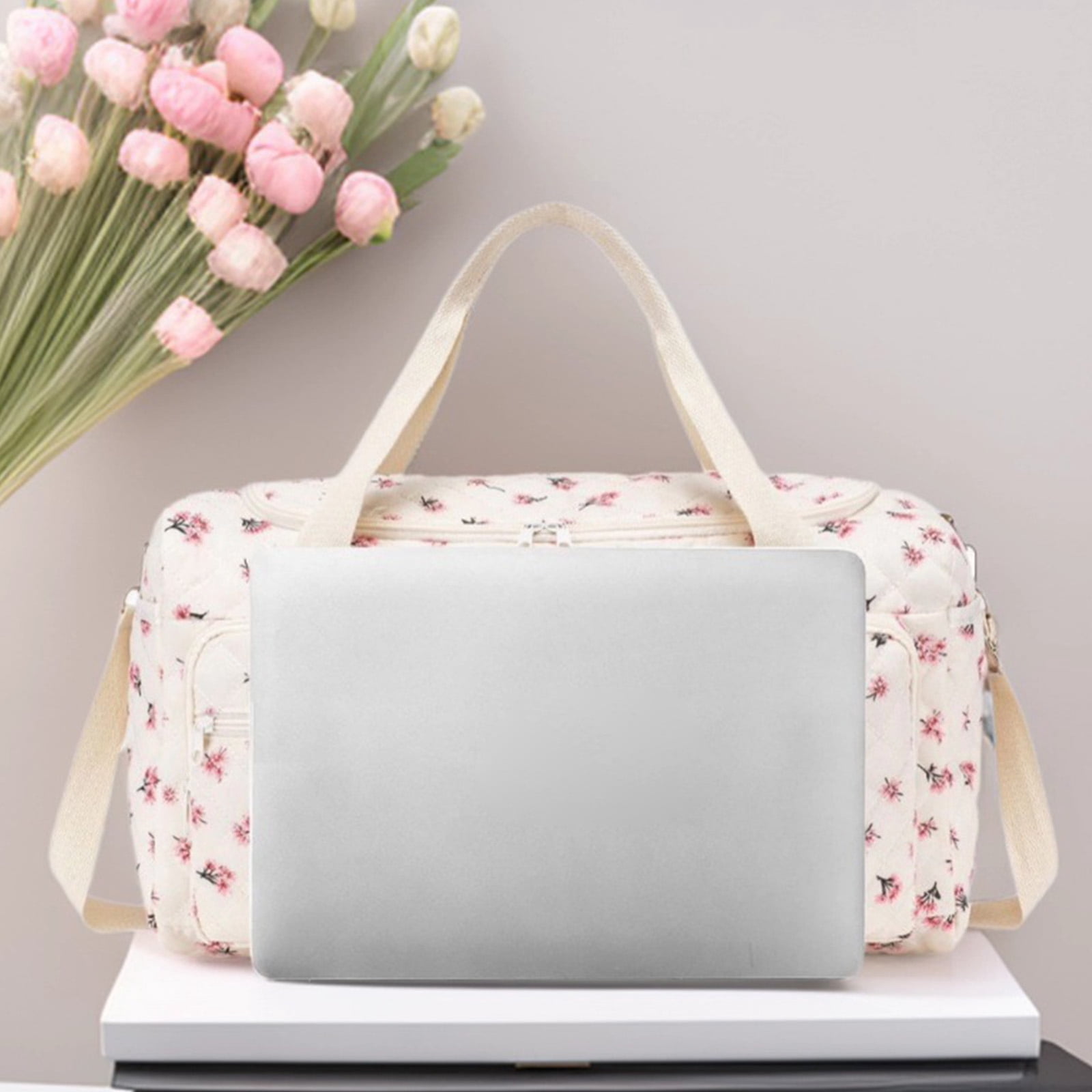 HUISZJ Diaper Bag Tote, Large Duffle Bag with Multi-Pockets, Portable Strap Diaper Bag for Mom Travel (Floral Print)