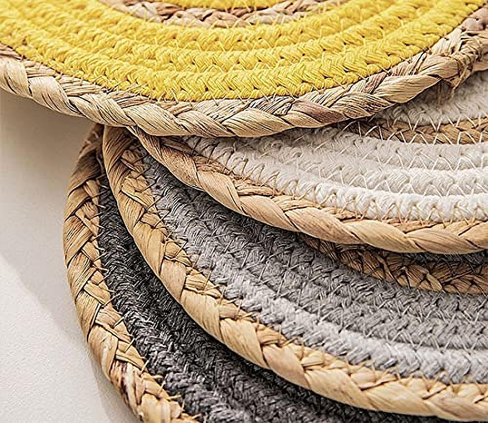 Fennco Styles Hand-Woven Rattan Cotton Rope Placemats 12-Inch Round, Set of 4 - Slate Braided Table Mats Heat Resistant Insulation for Home, Boho Décor, Dining Table, Banquets, Special Events