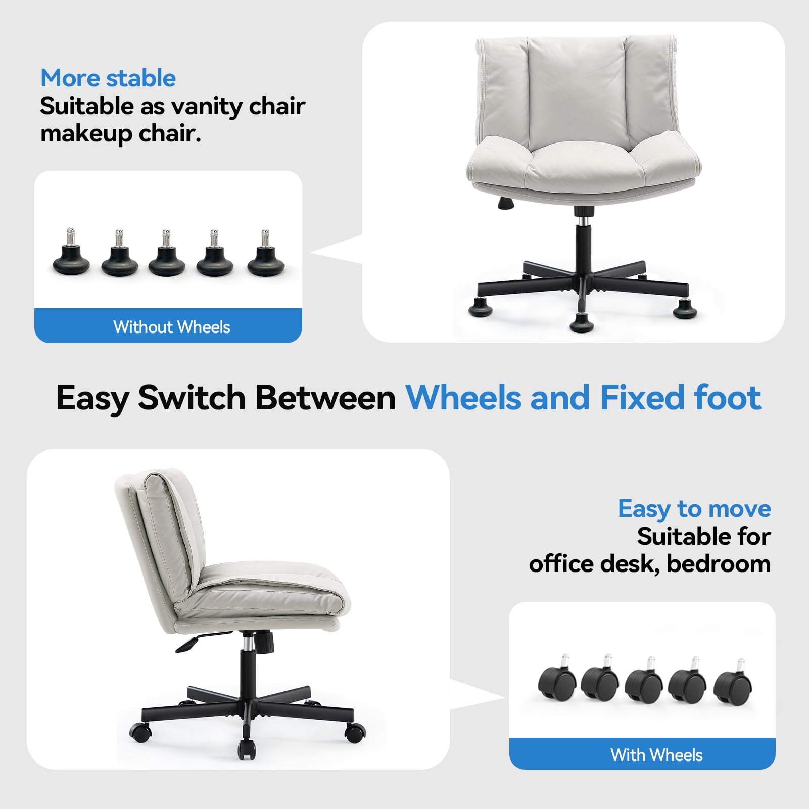 LEAGOO Armless Desk Chairs with Wheels Office Chair Vanity Chair with Technical Cloth Adjustable Swivel Computer Task Chairs for Home Base, Bedroom, Small Space, Make up,Off-white